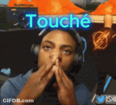 A Man Wearing Headphones Is Covering His Nose With His Hands And The Word Touche Is Visible Above Him GIF