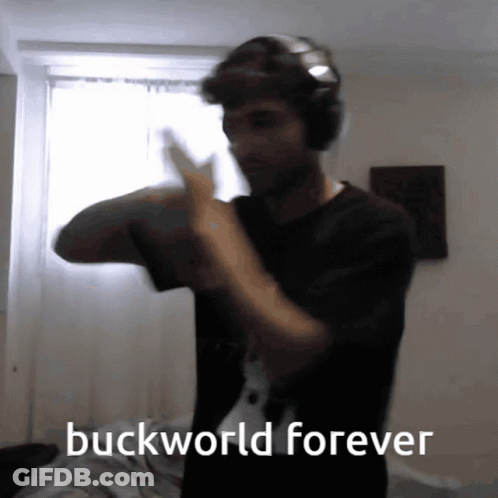 A Man Wearing Headphones Is Dancing With The Words Buckworld Forever Behind Him GIF