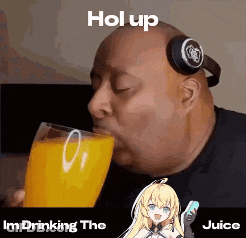 A Man Wearing Headphones Is Drinking A Glass Of Juice GIF