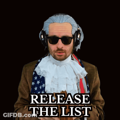 A Man Wearing Headphones Is Holding A Book With The Words " Release The List " On The Bottom GIF