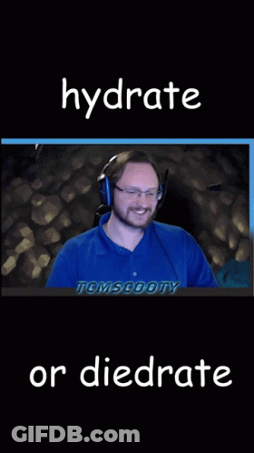 A Man Wearing Headphones Is Holding A Glass Of Water And The Words Hydrate Or Diedrate Are Above Him GIF