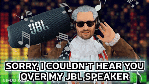 A Man Wearing Headphones Is Holding A Jbl Speaker Over His Ear GIF