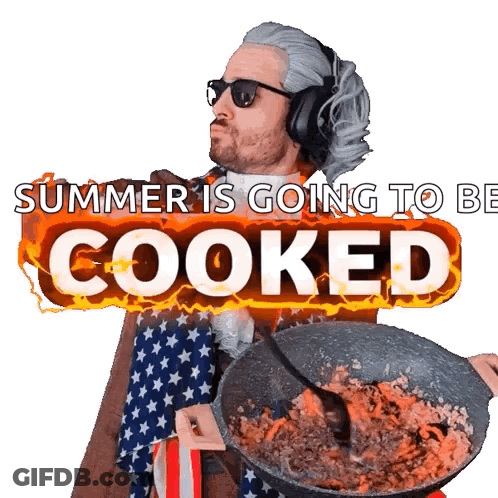 A Man Wearing Headphones Is Holding A Pan Of Food With The Words Summer Is Going To Be Cooked Behind Him GIF