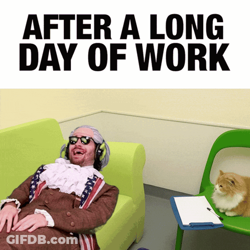 A Man Wearing Headphones Is Laying On A Green Couch With The Words After A Long Day Of Work Written Above Him GIF