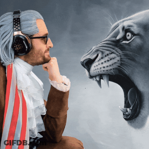 A Man Wearing Headphones Is Looking At A Painting Of A Lion With Its Mouth Open GIF