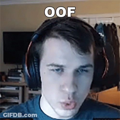 A Man Wearing Headphones Is Making A Funny Face And The Word Oof Is On The Screen Behind Him . GIF