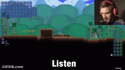 A Man Wearing Headphones Is Playing A Video Game With The Word Listen On The Bottom GIF