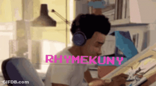 A Man Wearing Headphones Is Reading A Book And The Word Rhymekuny Is On The Screen GIF