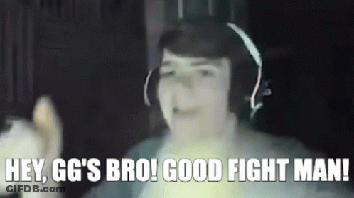 A Man Wearing Headphones Is Saying `` Hey , Gg 'S Bro ! Good Fight Man ! '' . GIF