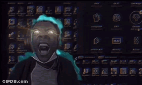 A Man Wearing Headphones Is Screaming In Front Of A Computer Screen With Lightning Coming Out Of It GIF