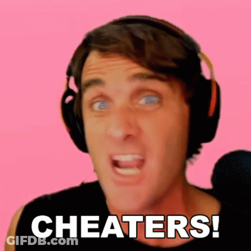 A Man Wearing Headphones Is Screaming With The Words Cheaters In Front Of Him GIF