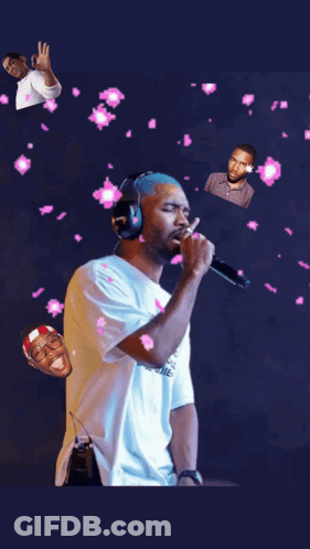 A Man Wearing Headphones Is Singing Into A Microphone With The Name Frank Ocean Written Above Him GIF