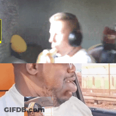 A Man Wearing Headphones Is Sitting In A Car With His Tongue Out GIF