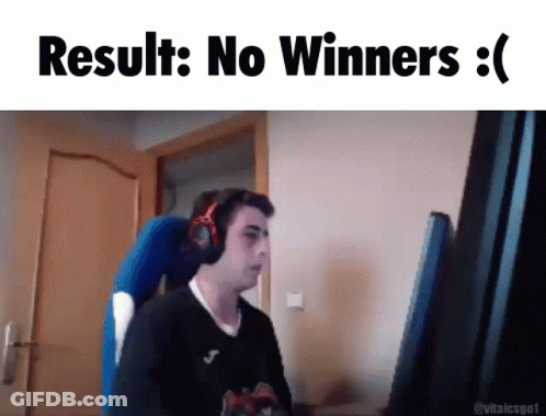 A Man Wearing Headphones Is Sitting In Front Of A Computer Screen With The Words " Result : No Winners " Written Above H GIF