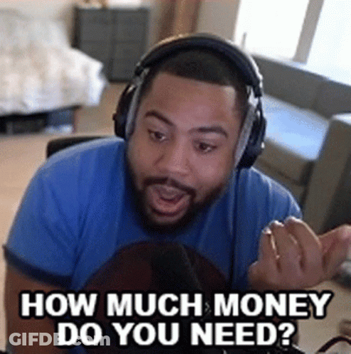 A Man Wearing Headphones Is Sitting In Front Of A Microphone And Saying `` How Much Money Do You Need ? '' GIF