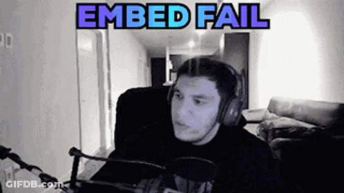 A Man Wearing Headphones Is Sitting In Front Of A Microphone With The Words " Embed Fail " Above Him . GIF