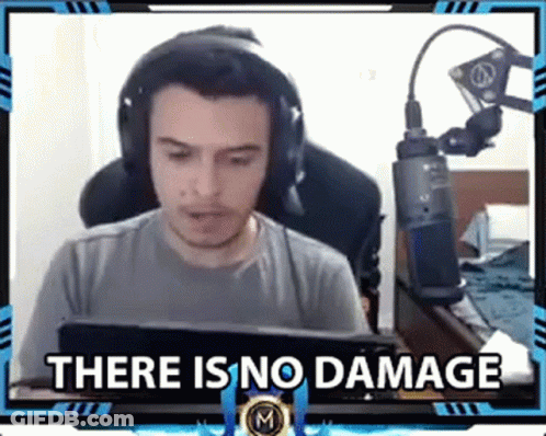 A Man Wearing Headphones Is Sitting In Front Of A Microphone With The Words `` There Is No Damage '' Above Him . GIF
