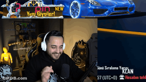 A Man Wearing Headphones Is Smiling In Front Of A Blue Car That Says New GIF