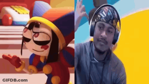 A Man Wearing Headphones Is Standing Next To A Cartoon Character Wearing Sunglasses . GIF