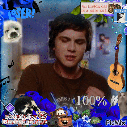 A Man Wearing Headphones Is Surrounded By Blue Flowers And A Sign That Says " Loser " On It GIF