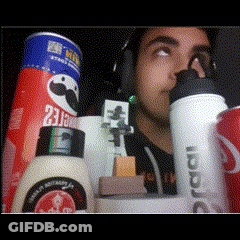 A Man Wearing Headphones Is Surrounded By Condiments Including Pringles Mayonnaise And A Coke Can GIF