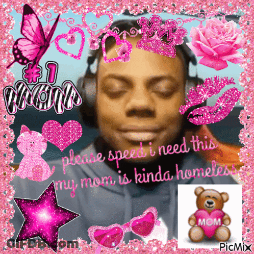 A Man Wearing Headphones Is Surrounded By Pink Hearts And A Teddy Bear GIF