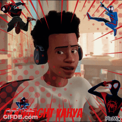 A Man Wearing Headphones Is Surrounded By Spiders And The Words Copyright Kahya GIF