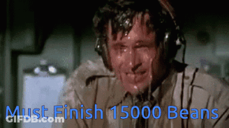 A Man Wearing Headphones Is Sweating With The Words Must Finish 15000 Beans Above Him GIF