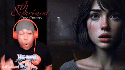 A Man Wearing Headphones Next To A Picture Of A Girl With The Words 8Th Apartment Bad Omens GIF