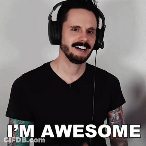 A Man Wearing Headphones Says " I 'M Awesome " While Smiling GIF