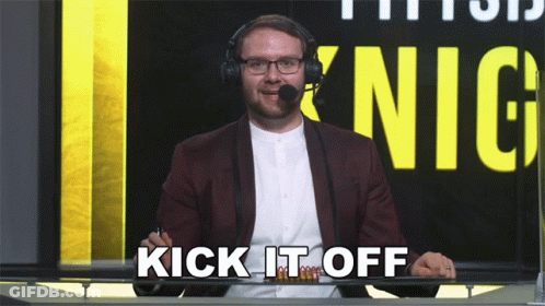 A Man Wearing Headphones Says Kick It Off In Front Of A King Sign GIF