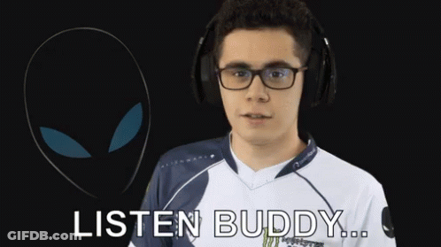 A Man Wearing Headphones Says Listen Buddy In Front Of An Alien Head GIF