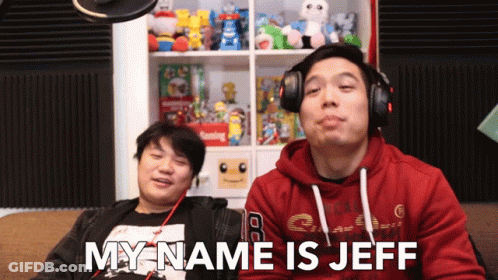 A Man Wearing Headphones Says " My Name Is Jeff " While Sitting Next To Another Man GIF