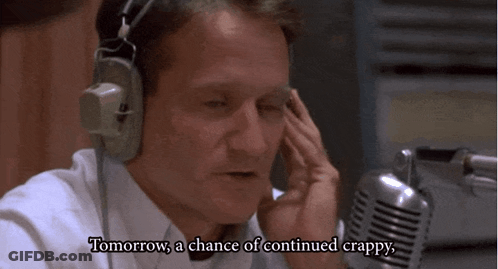 A Man Wearing Headphones Says " Tomorrow A Chance Of Continued Crappy " In Front Of A Microphone GIF