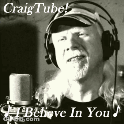 A Man Wearing Headphones Singing Into A Microphone With The Words I Believe In You Above Him GIF
