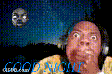 A Man Wearing Headphones Stands In Front Of A Moon With The Words Good Night Above Him GIF
