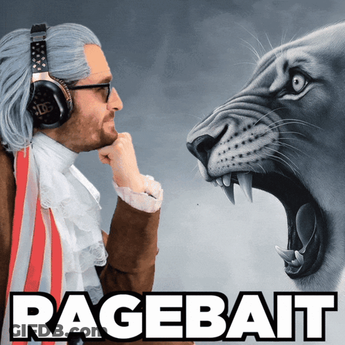 A Man Wearing Headphones Stands In Front Of A Painting Of A Lion With The Words " Ragebait " Below Him GIF