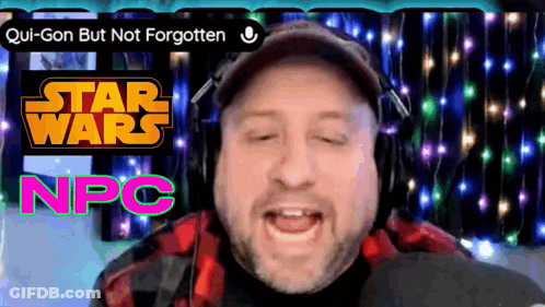 A Man Wearing Headphones Stands In Front Of A Sign That Says Star Wars Npc GIF