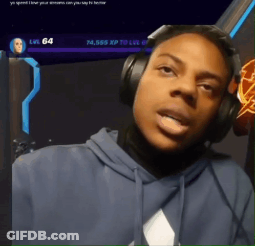A Man Wearing Headphones With A Screen Behind Him That Says Yo Speed I Love Your Streams Can You Say Hi Hector GIF