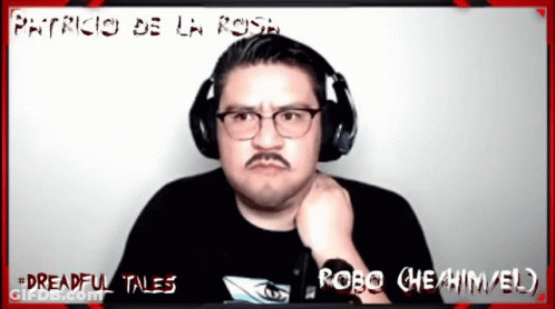 A Man Wearing Headphones With The Name Patricio De La Rosa Written Above Him GIF
