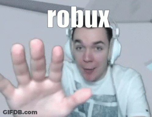 A Man Wearing Headphones With The Word Robux On The Top GIF
