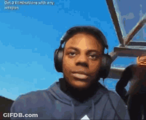 A Man Wearing Headphones With The Words Get 3 Eliminations With Any Weapon On The Bottom Right GIF