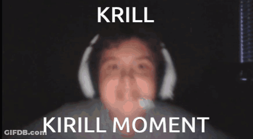 A Man Wearing Headphones With The Words Krill And Kirill Moment Written Above Him GIF