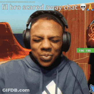 A Man Wearing Headphones With The Words Lil Bro Scared Away Chat On The Bottom GIF