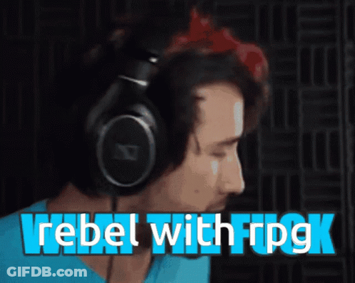 A Man Wearing Headphones With The Words Rebel With Rpg Written Below Him GIF