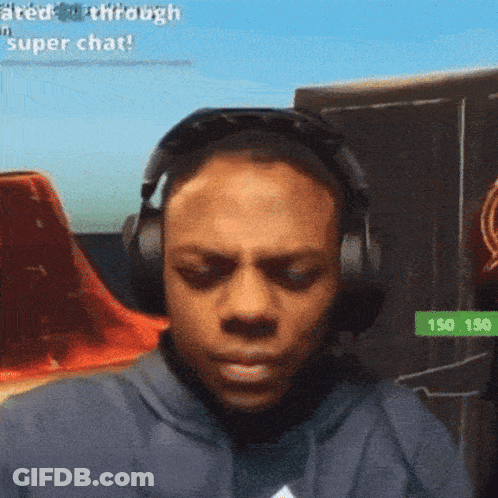 A Man Wearing Headphones With The Words Super Chat On The Bottom Left GIF