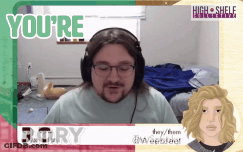A Man Wearing Headphones With The Words " You 'Re " On The Bottom GIF