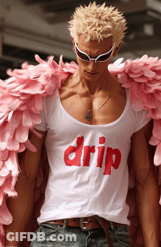 A Man Wearing Pink Feathers And A White Shirt With The Word Drip On It GIF