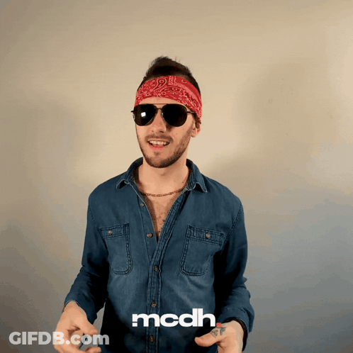 A Man Wearing Sunglasses And A Bandana Has The Word Mcdh On The Bottom GIF