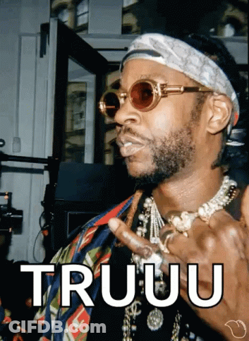 A Man Wearing Sunglasses And A Bandana Has The Word Truuu Written On His Face GIF
